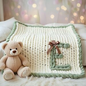 Cream & Sage Chunky Knit Baby Blanket with Monogram E